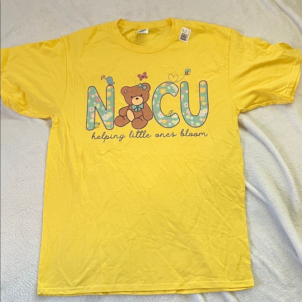 NICU Teddy Bear “Helping Little Ones Bloom” Yellow Tshirt (Men’s M)